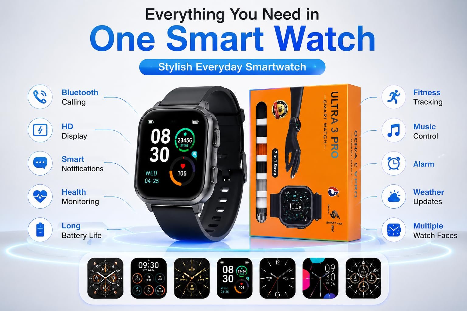 Ultra 3 Pro Smart Watch with 7 Strap Combo | Bluetooth Calling Smartwatch for Men & Women - Image 3