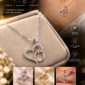 Korean Heart Locket With Ring – Elegant Golden Pendant Necklace