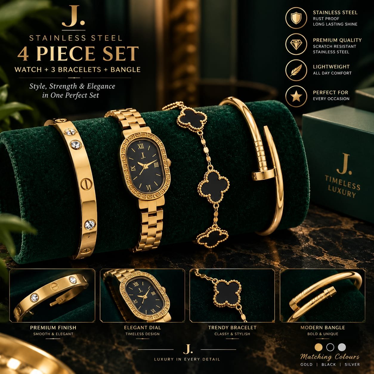 Stainless Steel 4 Piece Bracelet, Watch And Bangle Combo - Jewelry Product Designed For Styling And Daily Outfit Routine