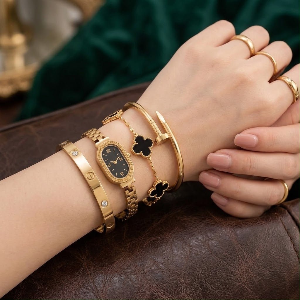 Stainless Steel 4 Piece Bracelet, Watch And Bangle Combo - Jewelry Product Designed For Styling And Daily Outfit Routine - Image 3