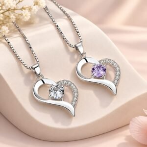 Silver Plated Heart Necklace with Purple Gemstone Pendant